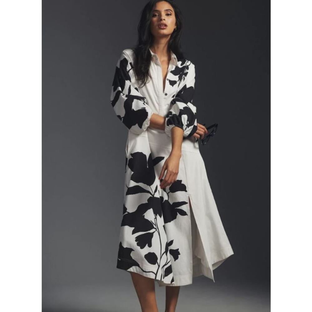 Anthropologie X Jo Faulkner Button-Front Black White Floral Asymmetrical Dress S